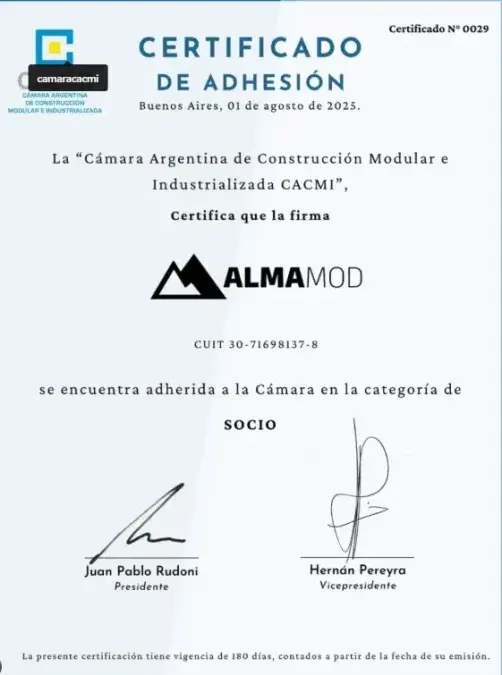 Certificado Cámara Argentina de Construcción Modular e Industrializada